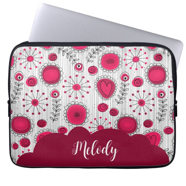 Whimsical rode witte harten bloemen bloemige naam laptop sleeve (Voorkant)
