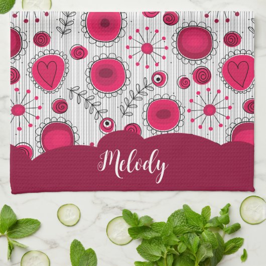 Whimsical rode witte harten bloemen bloemige naam theedoek (Gevouwen)