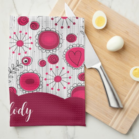 Whimsical rode witte harten bloemen bloemige naam theedoek (Quarter Fold)