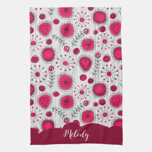 Whimsical rode witte harten bloemen bloemige naam theedoek (Verticaal)