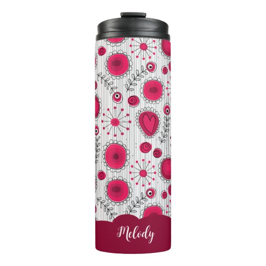 Whimsical rode witte harten bloemen bloemige naam thermosbeker (Voorkant)