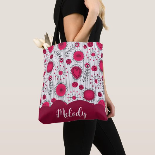 Whimsical rode witte harten bloemen bloemige naam tote bag (Dichtbij)
