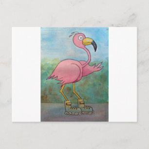 Whimsical Roller Skating Roller Blading Flamingo Briefkaart