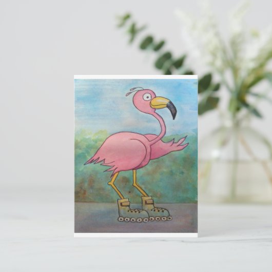 Whimsical Roller Skating Roller Blading Flamingo Briefkaart (Staand voorkant)