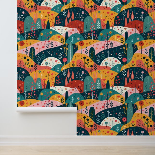 Whimsical Rolling Hills Garden - Kleurrijke volksk Behang (Applicatie)
