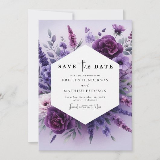 Whimsical Romance Paarse Floral Wedding Save The Date (Voorkant)