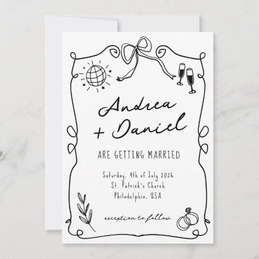 Whimsical Romantic Hand getekend Zwart Wit Trouwen Kaart (Voorkant)