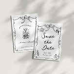 Whimsical Romantic Hand getekend Zwart Wit Trouwen Save The Date<br><div class="desc">Verhoog uw bruiloft met een leuke en eigenzinnige zwart-wit save de datum met grillige maar romantische illustraties van wijn,  discobal en trouwringen.</div>
