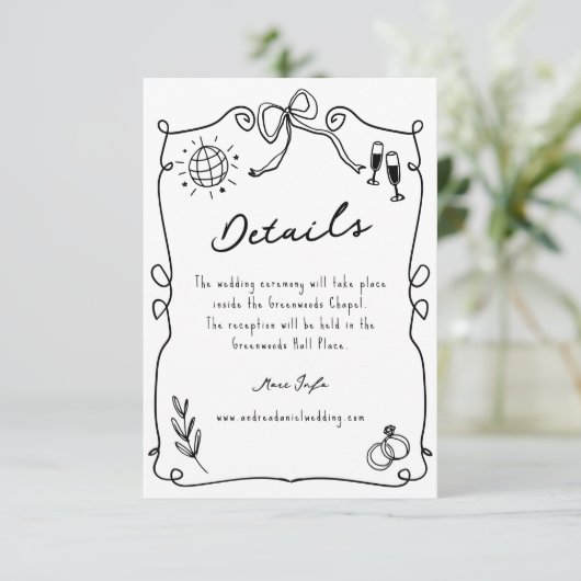Whimsical Romantic Hand getrokken bruiloft Details Informatiekaartje (Staand voorkant)