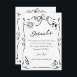 Whimsical Romantic Hand getrokken bruiloft Details Informatiekaartje<br><div class="desc">Verhoog uw bruiloft met een leuke en eigenzinnige zwart-witte trouwdetails enclosure card met grillige maar romantische illustraties van wijn,  disco bal en trouwringen.</div>