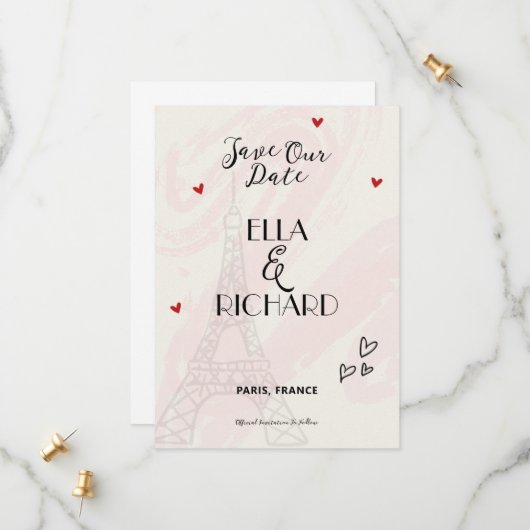 Whimsical Romantic Paris Save the Date Invitation (Voorkant / Achterkant in situ)