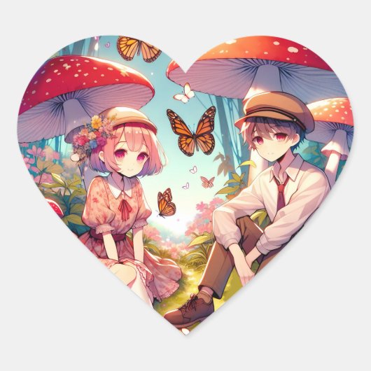 Whimsical romantisch anime koppel hart sticker (Voorkant)