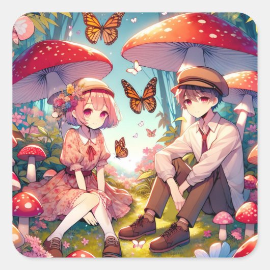 Whimsical romantisch anime koppel vierkante sticker (Voorkant)