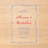 Whimsical Rood & Blauw Hand getrokken Border Weddi Acryl Uitnodigingen (Voorkant)