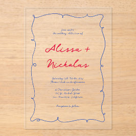 Whimsical Rood & Blauw Hand getrokken Border Weddi Acryl Uitnodigingen