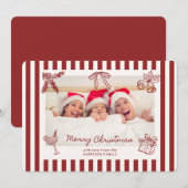 Whimsical Rood Gestreepte Familie Foto Kerst Kaart (Voorkant / Achterkant)