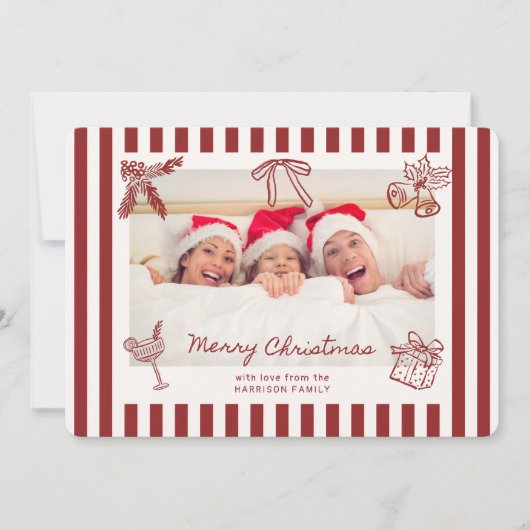 Whimsical Rood Gestreepte Familie Foto Kerst Kaart (Voorkant)