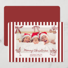 Whimsical Rood Gestreepte Familie Foto Kerst Kaart