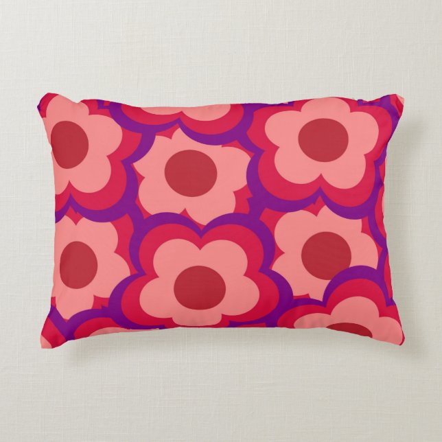 Whimsical Rood & Roze Bloemen Retro, Bold Preppy Accent Kussen (Voorkant)