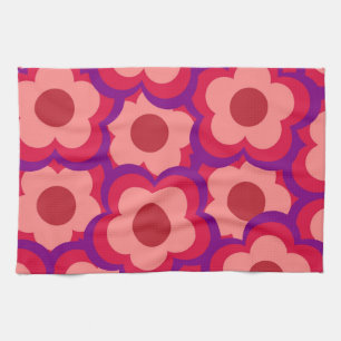 Whimsical Rood & Roze Bloemen Retro, Vrolijk Theedoek