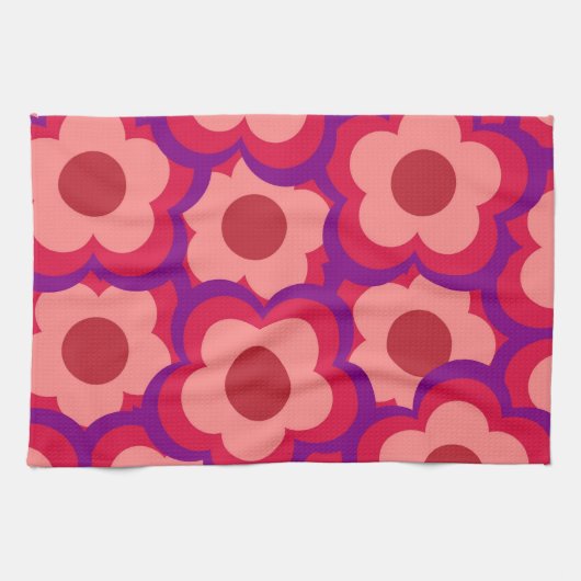 Whimsical Rood & Roze Bloemen Retro, Vrolijk Theedoek (Horizontaal)