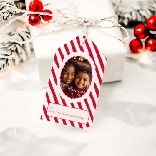 Whimsical rood & roze streep Kerst foto Cadeaulabel