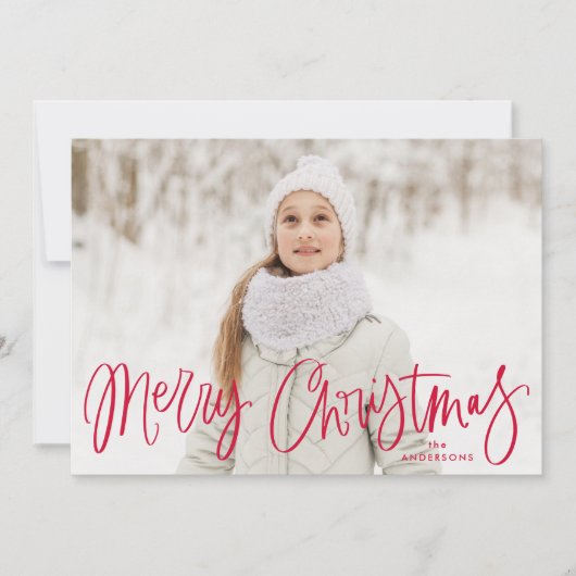 Whimsical rood script vrolijke kerst foto feestdagenkaart (Voorkant)
