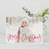 Whimsical rood script vrolijke kerst foto feestdagenkaart (Staand voorkant)