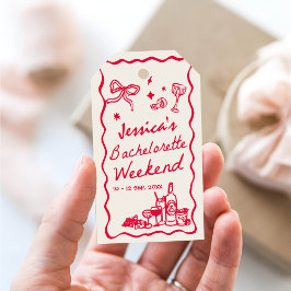 Whimsical rood vrijgezellenfeest weekend cadeaulabel