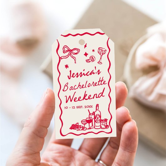 Whimsical rood vrijgezellenfeest weekend cadeaulabel
