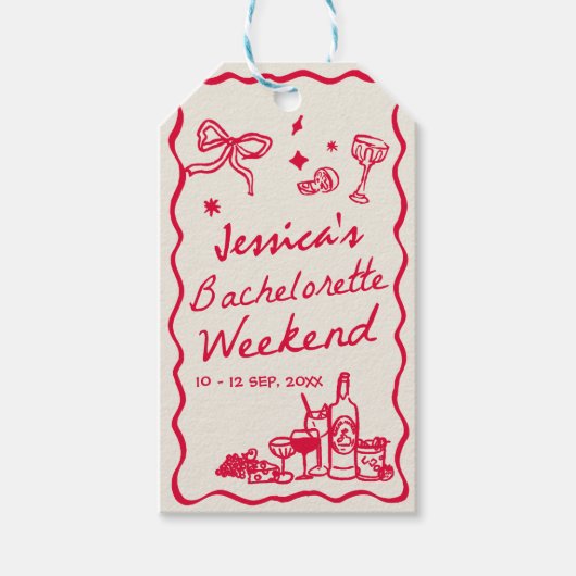 Whimsical rood vrijgezellenfeest weekend cadeaulabel (Voorkant)