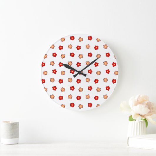 Whimsical Rood & Wit Bloem Retro Bloemen Ontwerp Grote Klok (Huis)