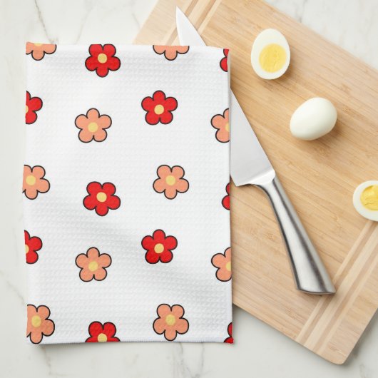 Whimsical Rood & Wit Bloem Retro Bloemen Ontwerp Theedoek (Quarter Fold)