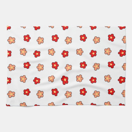 Whimsical Rood & Wit Bloem Retro Bloemen Ontwerp Theedoek (Horizontaal)