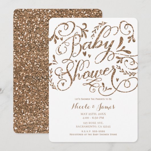 Whimsical Roos Gold Glitter Lettering Baby shower Kaart (Voorkant / Achterkant)