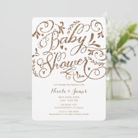 Whimsical Roos Gold Glitter Lettering Baby shower Kaart (Staand voorkant)