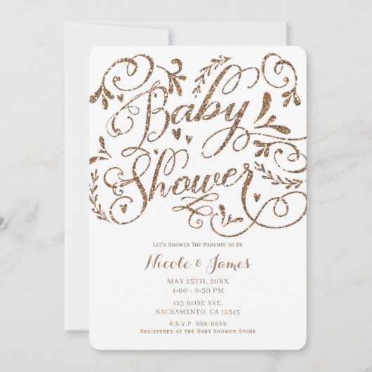 Whimsical Roos Gold Glitter Lettering Baby shower Kaart (Voorkant)