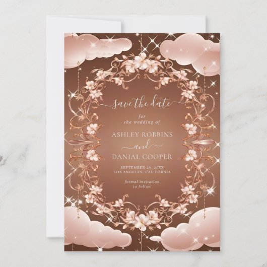 Whimsical Roos Goud Bloemen Save The Date Kaart (Voorkant)