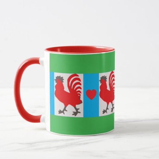 Whimsical Rooster Mug – Red, Blue, Green & Black Mok (Links)