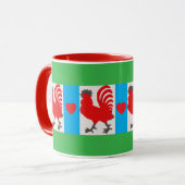 Whimsical Rooster Mug – Red, Blue, Green & Black Mok (Voorkant links)