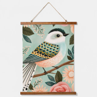 Whimsical Roses Flowers Vintage Folk Bird Hangend Wandkleed