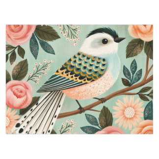 Whimsical Roses Flowers Vintage Folk Bird Tafelkleed
