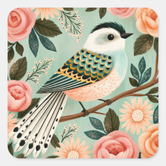 Whimsical Roses Flowers Vintage Folk Bird Vierkante Sticker