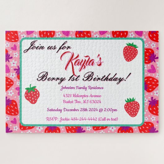 Whimsical Roze Aardbei Eerste Verjaardag Uitnodige Legpuzzel (Horizontaal)