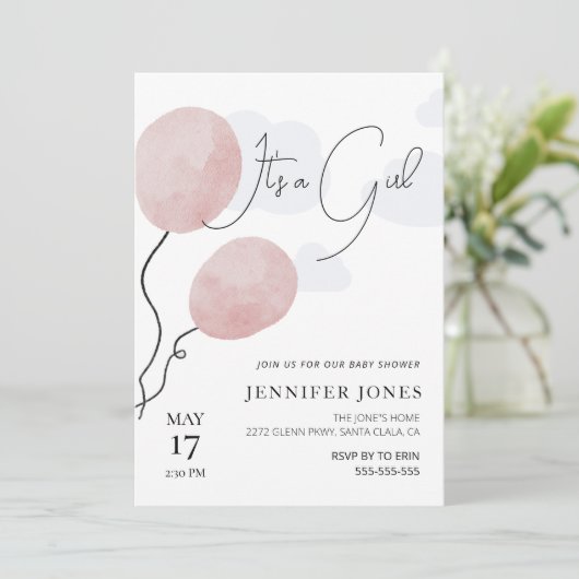 Whimsical roze ballon het is een meisje kaart (Staand voorkant)