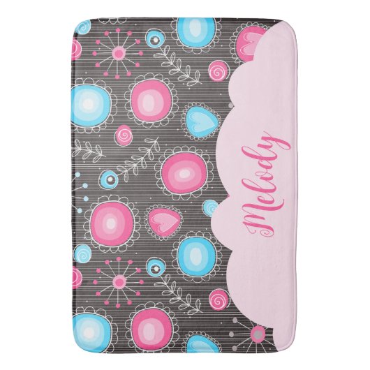 Whimsical roze blauwe harten en bloemen bloemige n badmat (Voorkant Verticaal)