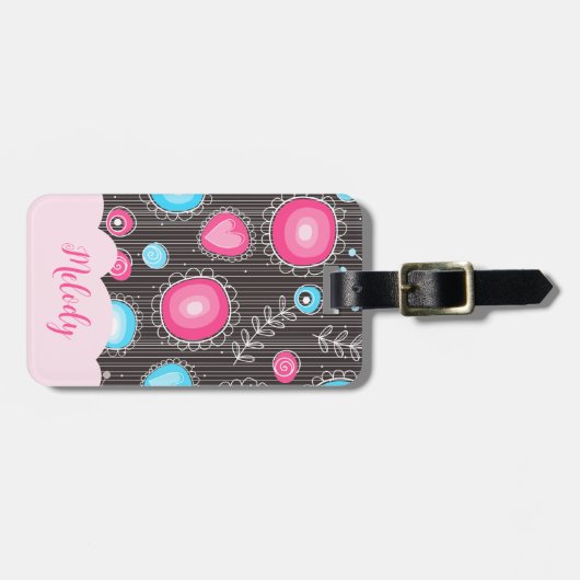 Whimsical roze blauwe harten en bloemen bloemige n bagagelabel (Voorkant horizontaal)