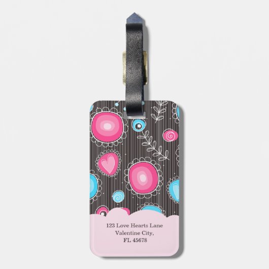 Whimsical roze blauwe harten en bloemen bloemige n bagagelabel (Achterkant verticaal)