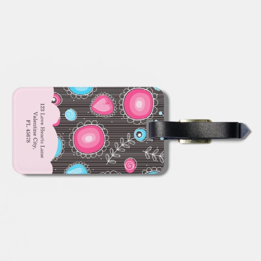 Whimsical roze blauwe harten en bloemen bloemige n bagagelabel (Achterkant horizontaal)