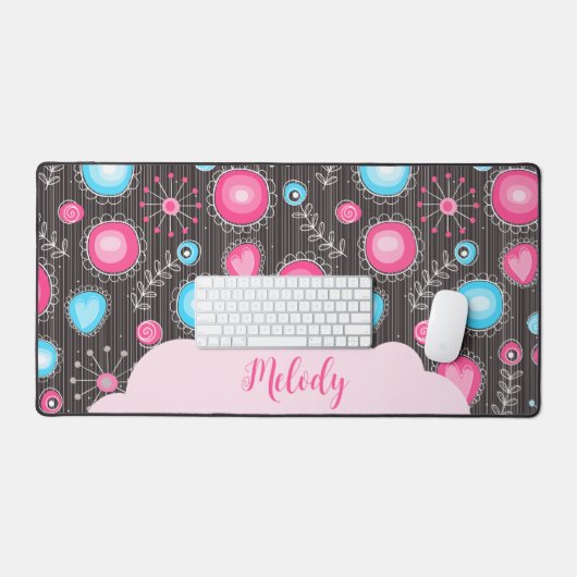 Whimsical roze blauwe harten en bloemen bloemige n bureaumat (Keyboard & Muis)